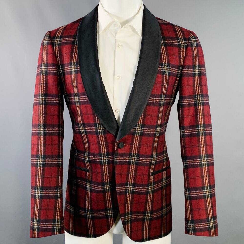 SUITSUPPLY Size 36 Burgundy Black Orange Plaid Wool Single Button Sport Coat